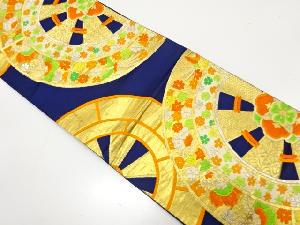 アンティーク　源氏車に蝶・尾長鳥・草花模様織り出し袋帯（着用可）